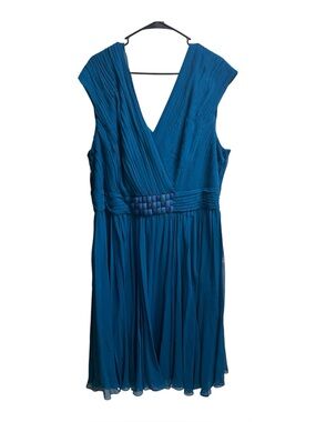 Tadashi Collection Blue Silk Chiffon Pintuck Pleated Faux Wrap Midi Dress SZ 24